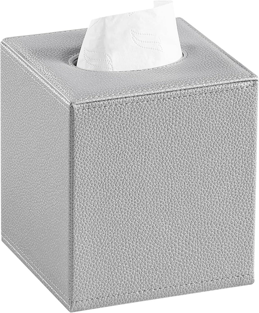 PU Leather Tissue Box Cover Square Tissue Box Holder with Magnetic Closure, Decorative Tissue Holder for Bathroom Bedroom Office (Silver Grey)