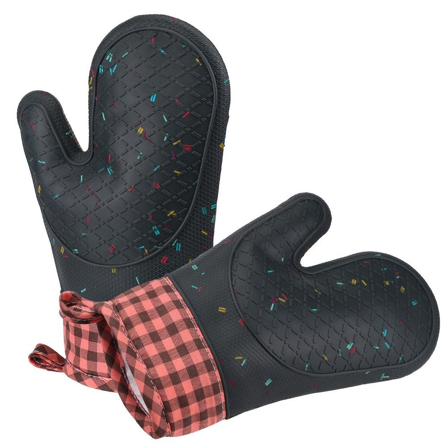 Silicone Oven Mitts Heat Resistant, Non Slip Baking Mittens with Cotton Lining, Cute Confetti Pink Kitchen Decor for Cooking, 2-Pcs Candy Grey