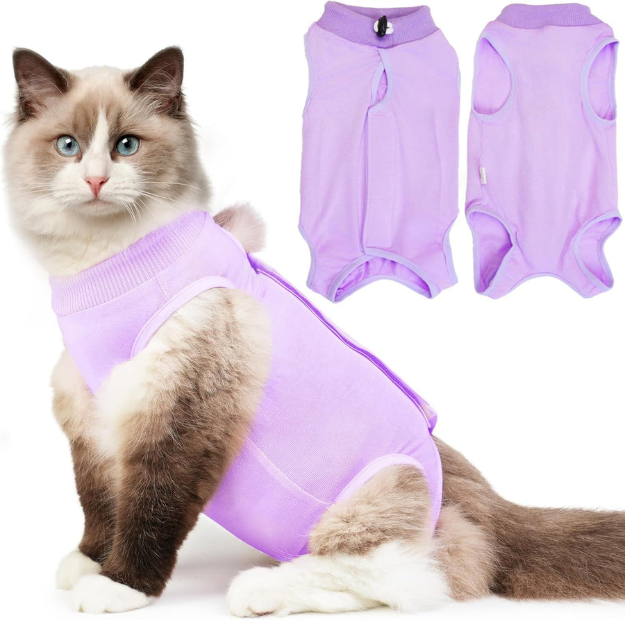 Breathable Cat Recovery Suit for Female/Male, Anti-Licking Kitten Onesie - Cat Surgery Pajamas with Sleeve After Spay, Prevent Shedding, Abdominal Wounds(Purple, L)