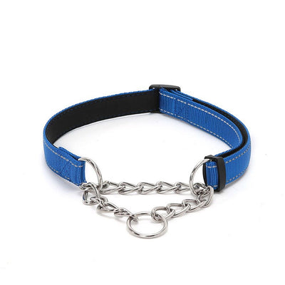 No Pull Collar for Dogs, Dog Chain Collars Reflective Nylon with Stainless Steel Chain Adjustable, L (Dark Blue), Intended for Small Medium Large Pets Training