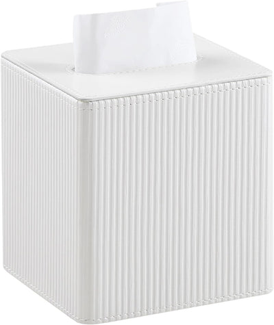 Tissue Box Cover PU Leather Square Tissue Box Holder with Bottom, Decorative Facial Cube Organizer for Bedroom Bathroom Dresser Vanity Countertop Night Stands Home Office Desk (white)