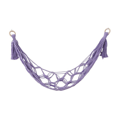 Wall mounted handmade toy hammock storage container filled with animal display plush toy rack Bohemian decoration, suitable for daycare purple