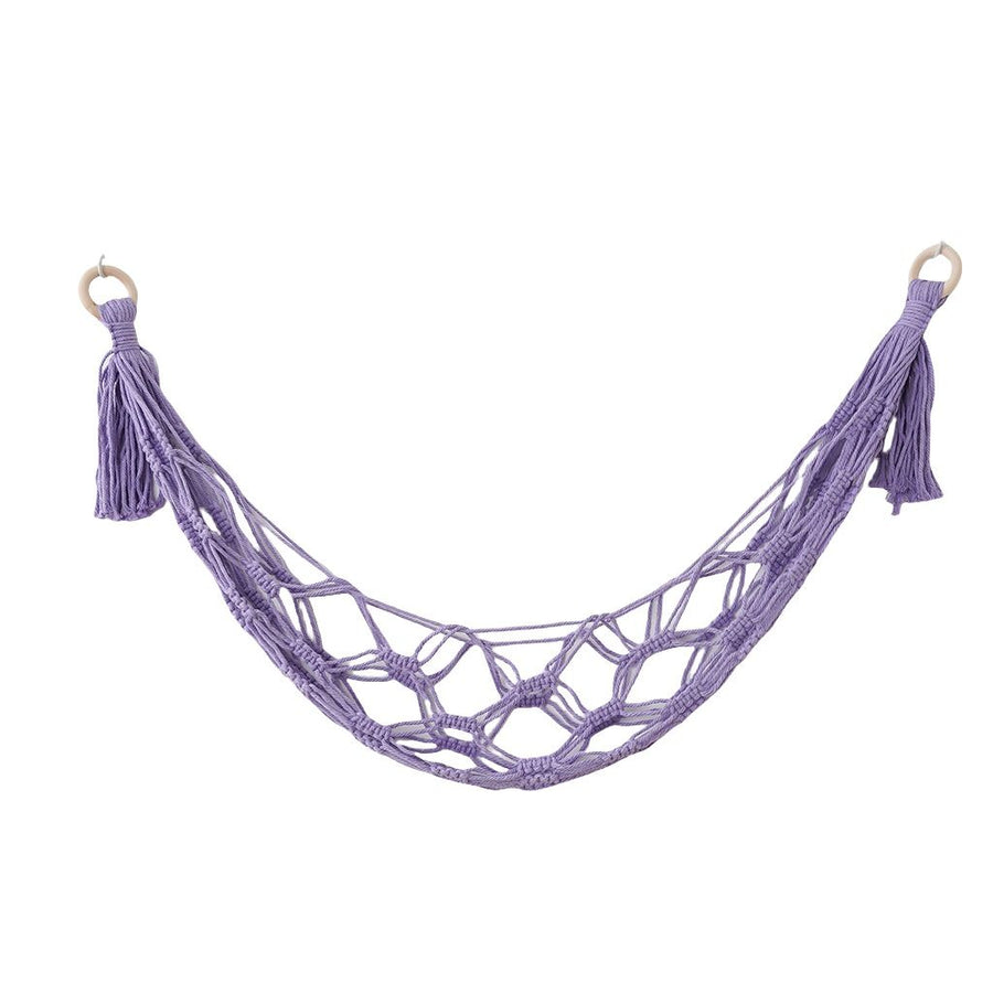 Wall mounted handmade toy hammock storage container filled with animal display plush toy rack Bohemian decoration, suitable for daycare purple