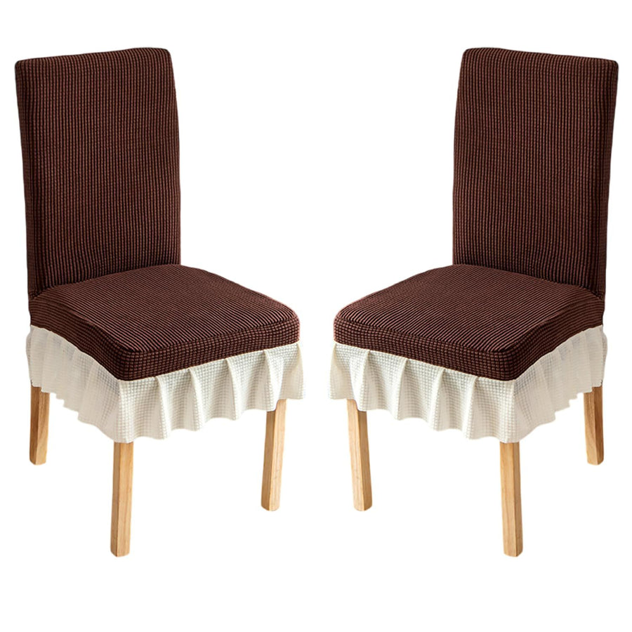 2-pcs restaurant elastic chair cover universal detachable washable chair cover with pleated skirt kitchen banquet hotel wedding dark （brown and white）