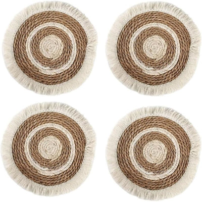 Boho Round Grass Tassels Placemats Set of 4, Rustic Weave Tablemats, Farmhouse Concentric Circle Braided Macrame Décor for Kitchen Dining Table,（33cm）