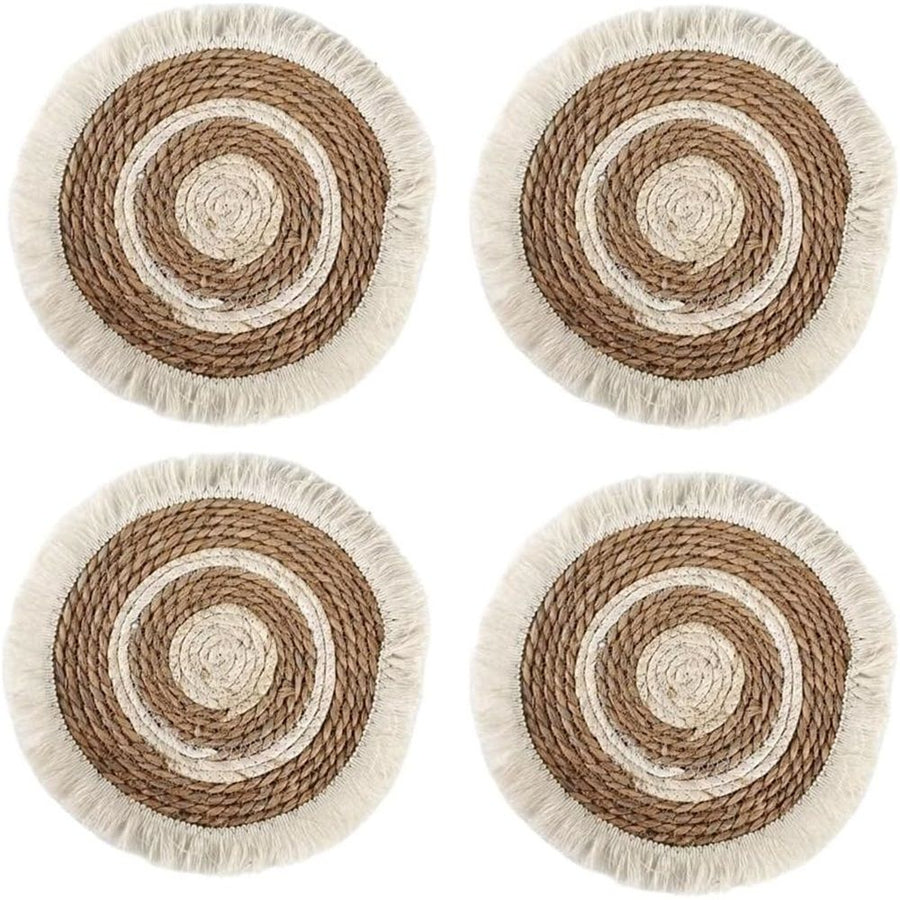 Boho Round Grass Tassels Placemats Set of 4, Rustic Weave Tablemats, Farmhouse Concentric Circle Braided Macrame Décor for Kitchen Dining Table,（33cm）