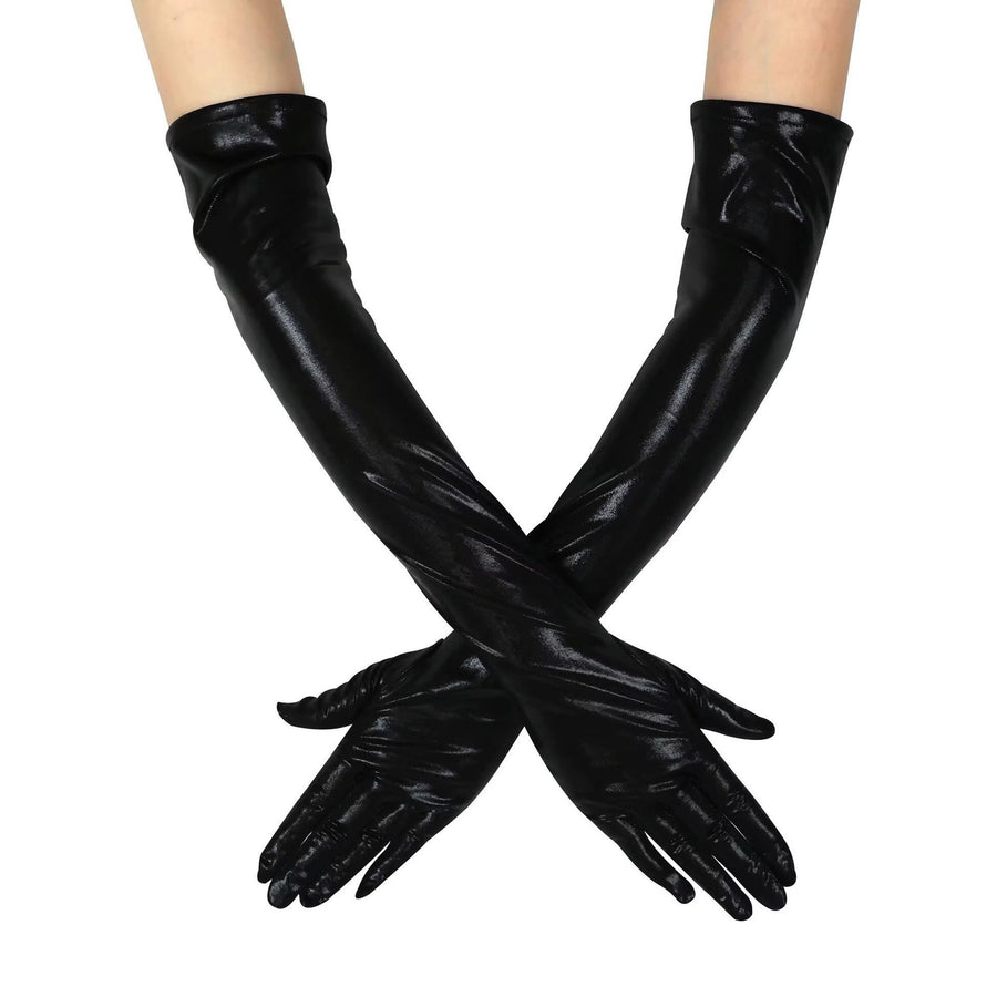 Women's shiny leather gloves, sexy long gloves, makeup props, wedding party costumes, performance props (black)