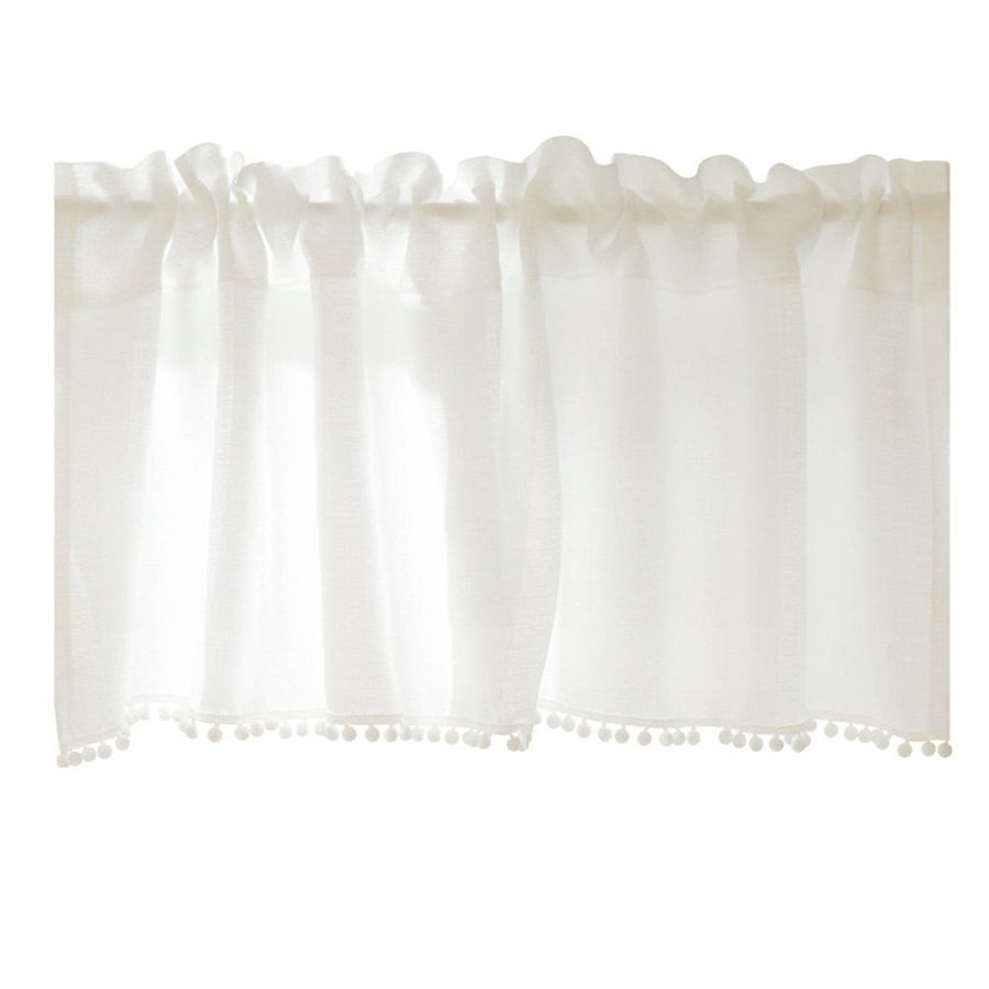 White Boho Tassel Valance for Cafe Kitchen Decor, Bohemian Farmhouse polyester Linen Short Curtains Country Window Treatments Tier Panel, 150*40cm