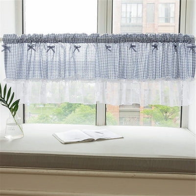 Curtain Lace Buffalo Check Plaid Patchwork, Short Window Curtain with Knots for Country Kitchen Cafe, Rod Pocket 1 Panel, 42" W x18 L, Blue
