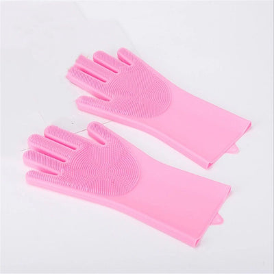 2 pairs Silicone Dishwashing Gloves, Pet Grooming Rubber Scrubbing for Dishes, Heat-proof Household Scrubber Gloves（pink）