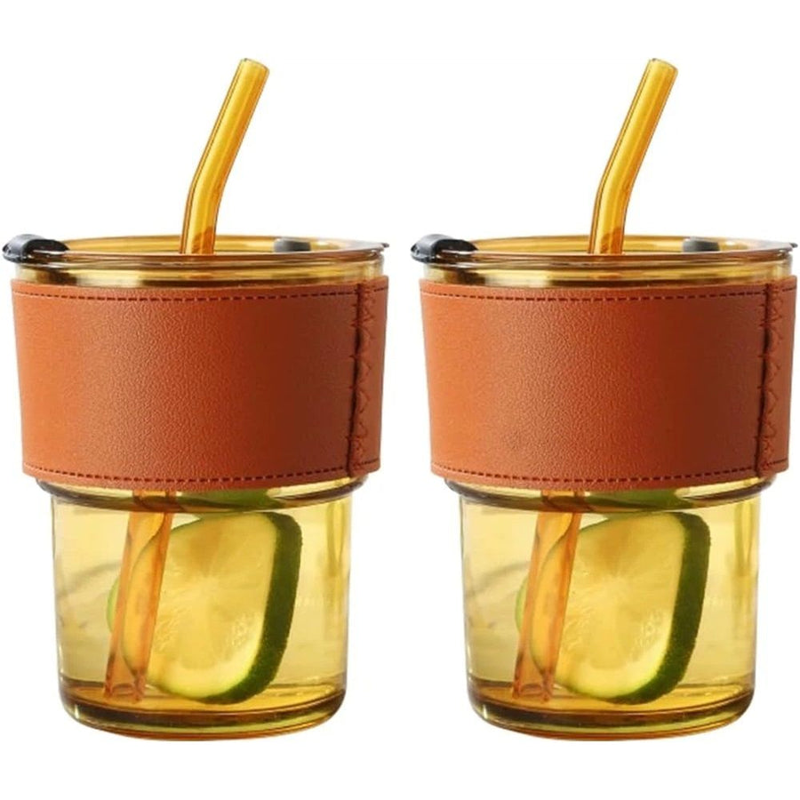 2 packs 14oz Glass Coffee Tumbler with Straw and Lid, Reusable Iced Coffee Cups, Matcha Smoothies Cup, Thick Wall Seal Drinking Glassware Water Cups,Suit for Car Cup Holder
