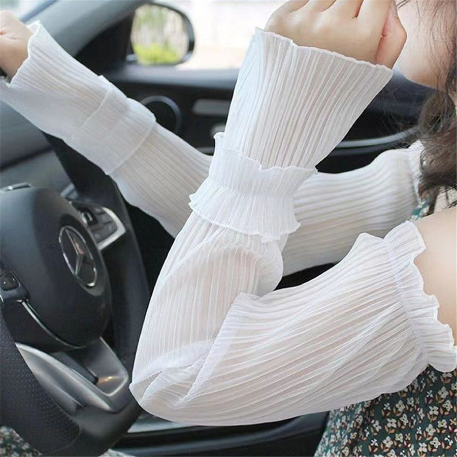 2 pairs Women's Long Tulle Gloves Lace Semi Sheer Ruffle Sleeves Fingerless Gloves Sunscreen Dress Costume Accessory