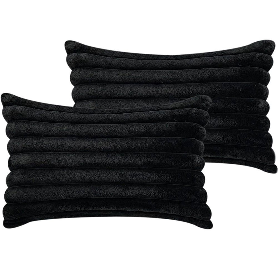 Fur Plush Lumbar Throw Pillow Covers 12x20 Set of 2, Luxury Soft Fluffy Striped Decorative Pillow Covers for Sofa, Couch, Living Room, Black（Only pillow cover）