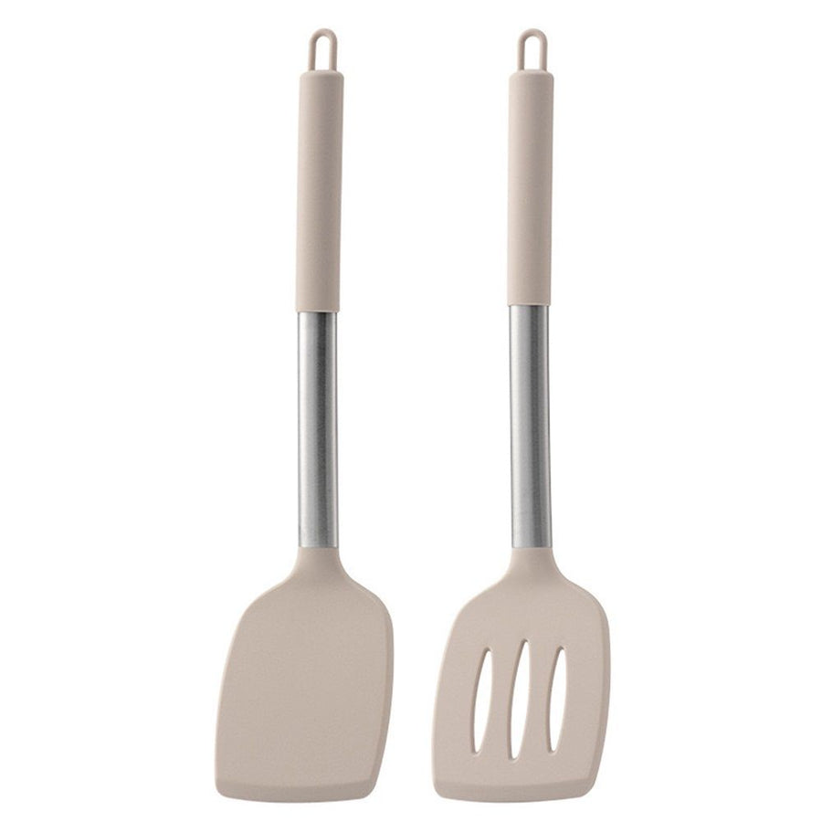 Pack of 2 Silicone Solid Turner, Non Stick Slotted Kitchen Spatulas, High Heat Resistant BPA Free Cooking Utensils, Ideal Cookware for Fish, Eggs, Pancakes(Stainless Steel Khaki)