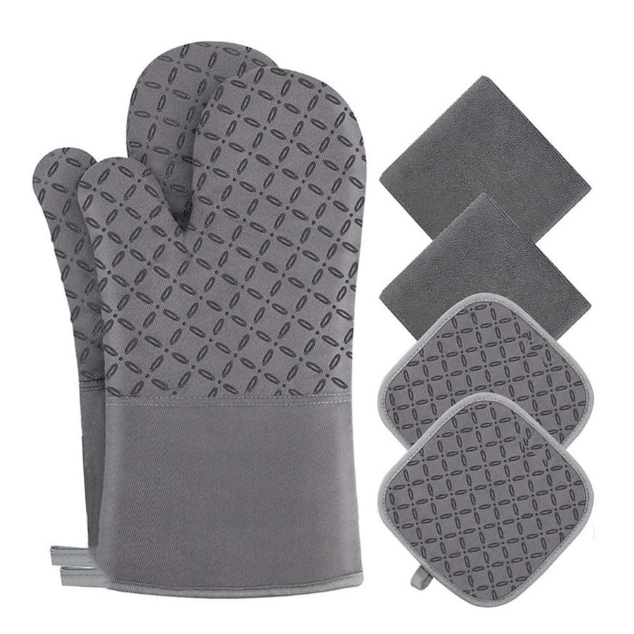 Oven Mitts and Pot Holders Sets 6pcs, Kitchen Oven Glove,High Heat Resistant 550 Degree Extra Long Oven Mitts and Potholders with Non-Slip Silicone Surface for Home Essentials (Grey)