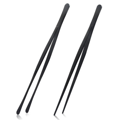 2 Pcs 12-inch Cooking Tweezers Tongs Precision Serrated Tips, Stainless Steel Professional Chef Tweezer Kitchen Tools for BBQ, Plating and Serving (Black)