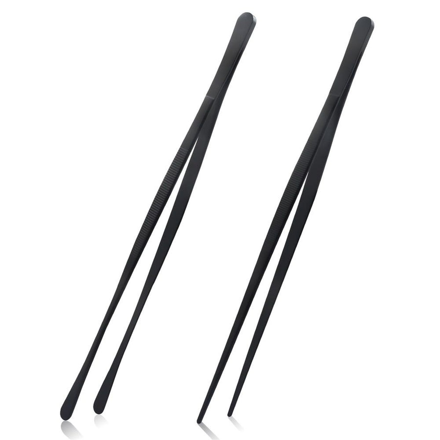 2 Pcs 12-inch Cooking Tweezers Tongs Precision Serrated Tips, Stainless Steel Professional Chef Tweezer Kitchen Tools for BBQ, Plating and Serving (Black)