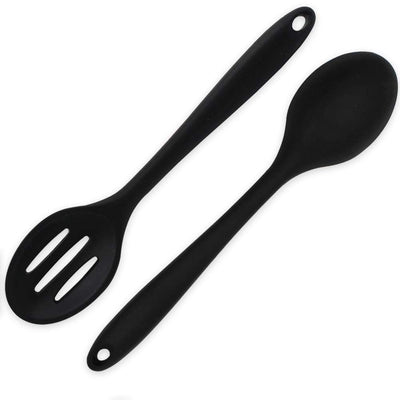 Heat Resistant Silicone Spoons: 10.8in Solid & Slotted Kitchen Cooking Spoon, Nonstick Long Rubber Utensil, Sturdy for Mixing, Serving, Stirring, Frying, Draining (Black, 2PCS)