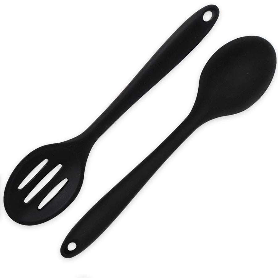 Heat Resistant Silicone Spoons: 10.8in Solid & Slotted Kitchen Cooking Spoon, Nonstick Long Rubber Utensil, Sturdy for Mixing, Serving, Stirring, Frying, Draining (Black, 2PCS)