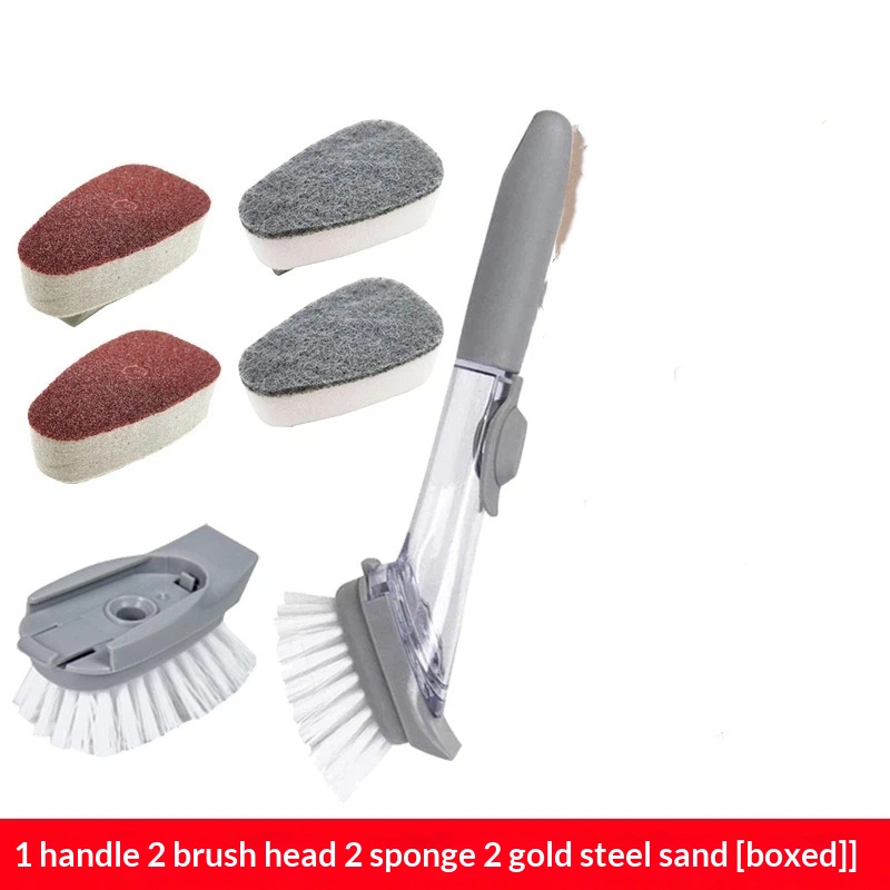 Soap Dispensing Dish Brush with Holder, Kitchen Pot Pan Scrub Brush Set with Replaceable Brush Head, Sink Cleaning Brush with Storage Tray (2-piece Brush Head Set)