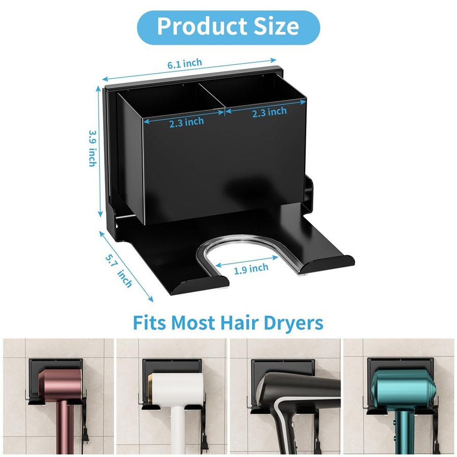 Hair Dryer Holder Wall Mounted, Metal Hair Dryer Holder for Bathroom, Blow Dryer Holder with Plug Cord Organizer, Self Adhesive or Screw Hair Tool Organizer for Bathroom, Makeup Room, Cabinet, Black