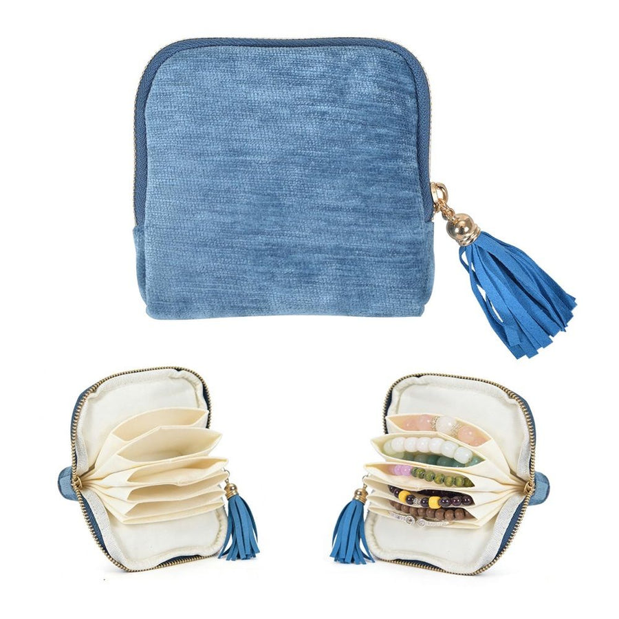 Jewelry Case Small with Tassel Zipper, Soft Velvet Travel Jewelry Organizer Pouch for Necklaces, Rings and Earrings, Portable Multi Layer Jewelry Bags, Anti Tangle Storage（2pcs)