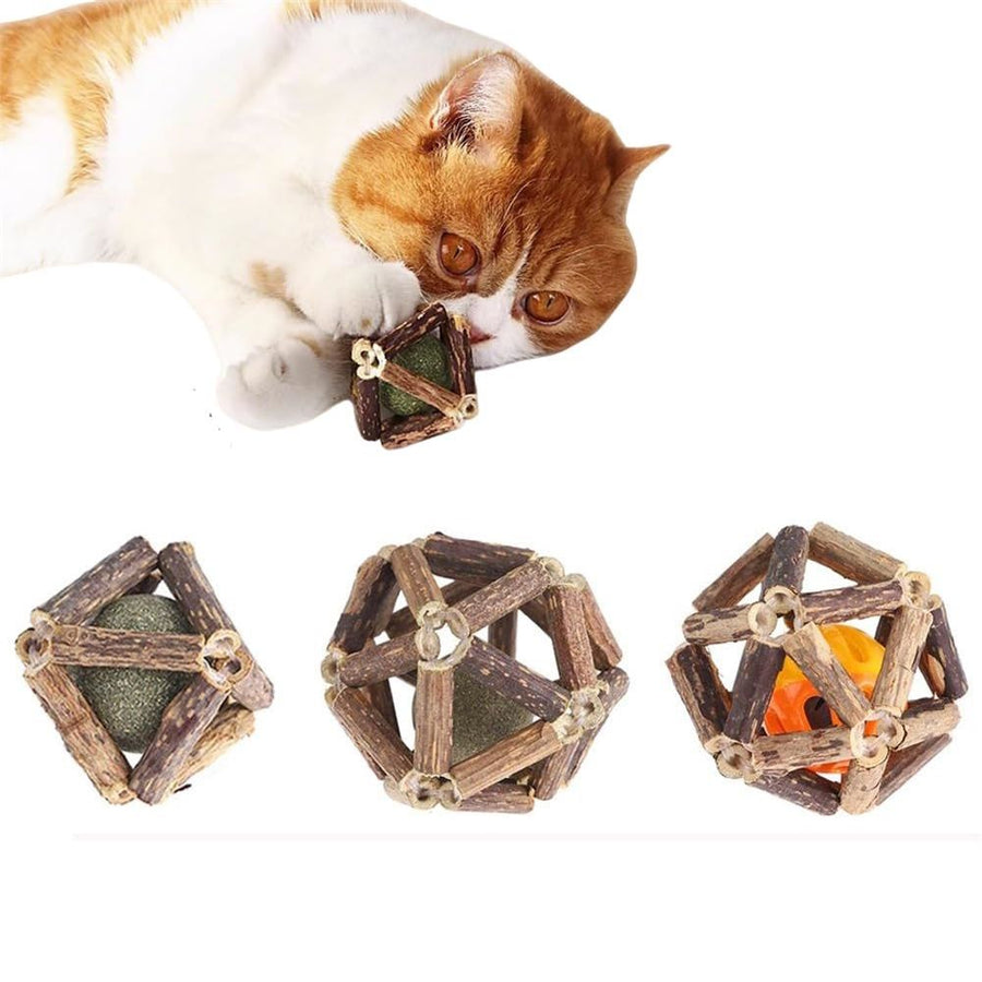 Catnip Toys, Natural Silvervine Stick & Bell Ball for Indoor Cats, Cat Chew Toy for Cleaning Teeth and Boredom, Cleaning Teeth Molar Tools, Kitten Teething and Dental Care Play Set (3pcs S+M+L)