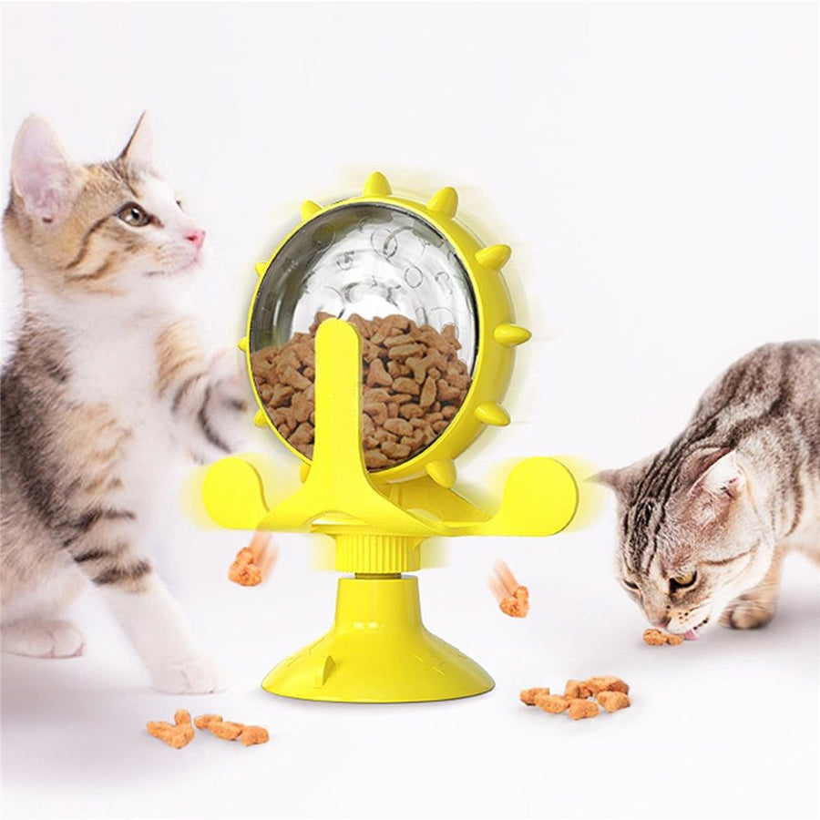 Cat Dog Treat Dispenser Toy - Cat Interactive Feeder Pet Food Toys Feeder 360° Degree Rotating Food Leakage Device Rotate with Strong Suction Cup Money Wheel Shape (Yellow)