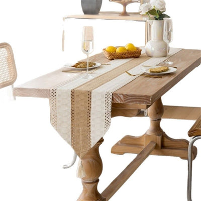 Farmhouse Style Cotton Linen Rustic Woven Table Runner with Tassels for Dining, Wedding, Bridal Shower, Bohemian (12x94 inch,Only tablecloth)