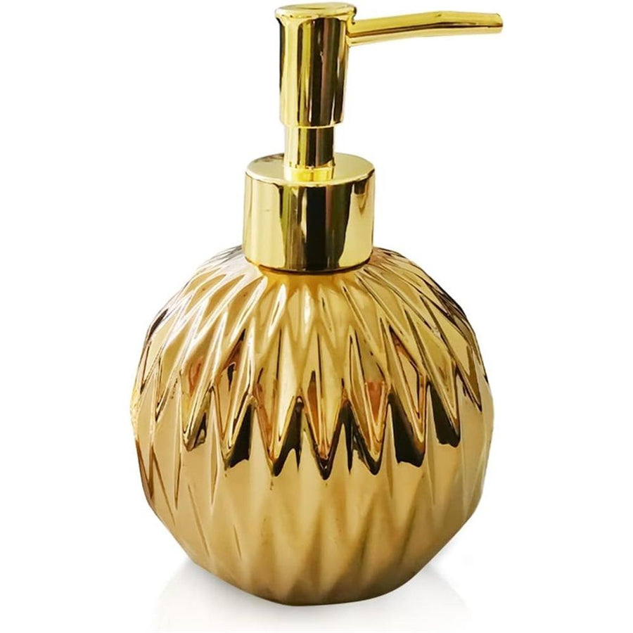 Ceramics Gold Soap Dispenser for Bathroom, Round Soap Dispenser with Delicate Embossed Rhombus Design (Gold)