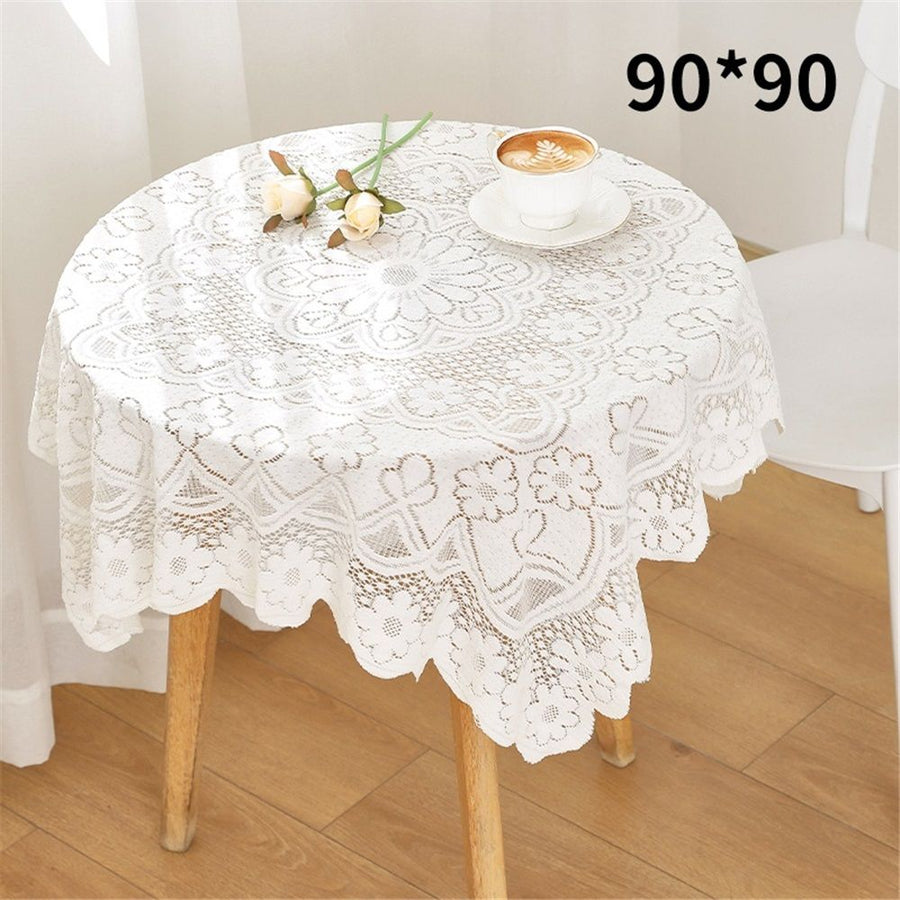 Handmade Crochet lace Table Runners Square Tablecloth Table Dresser Scarf Décor,35.4 inch, for Round Coffee Table, White Laces Fabric Embroidered Tablecloth