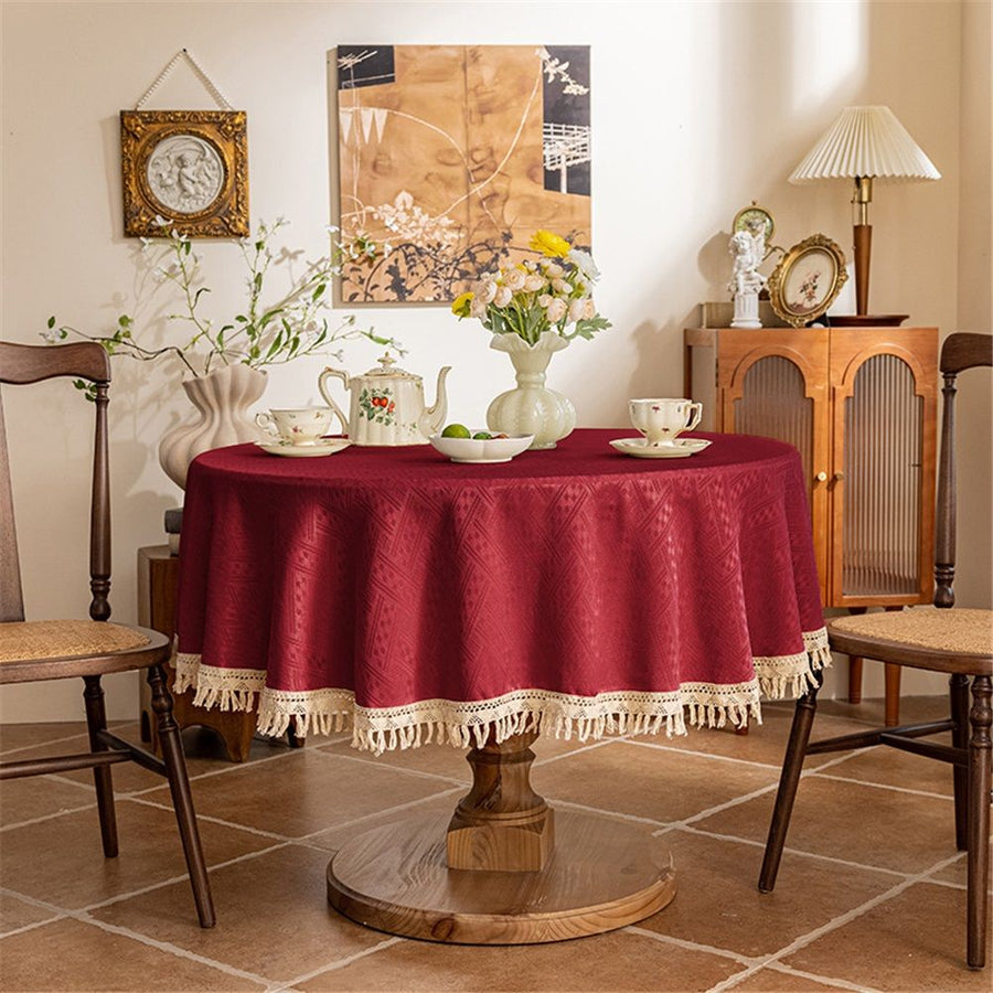 Tablecloth with Tassels, Farmhouse Style Tablecloth, Water Resistant Tablecloths for Round Table, 60 Inch Round（Only tablecloth）