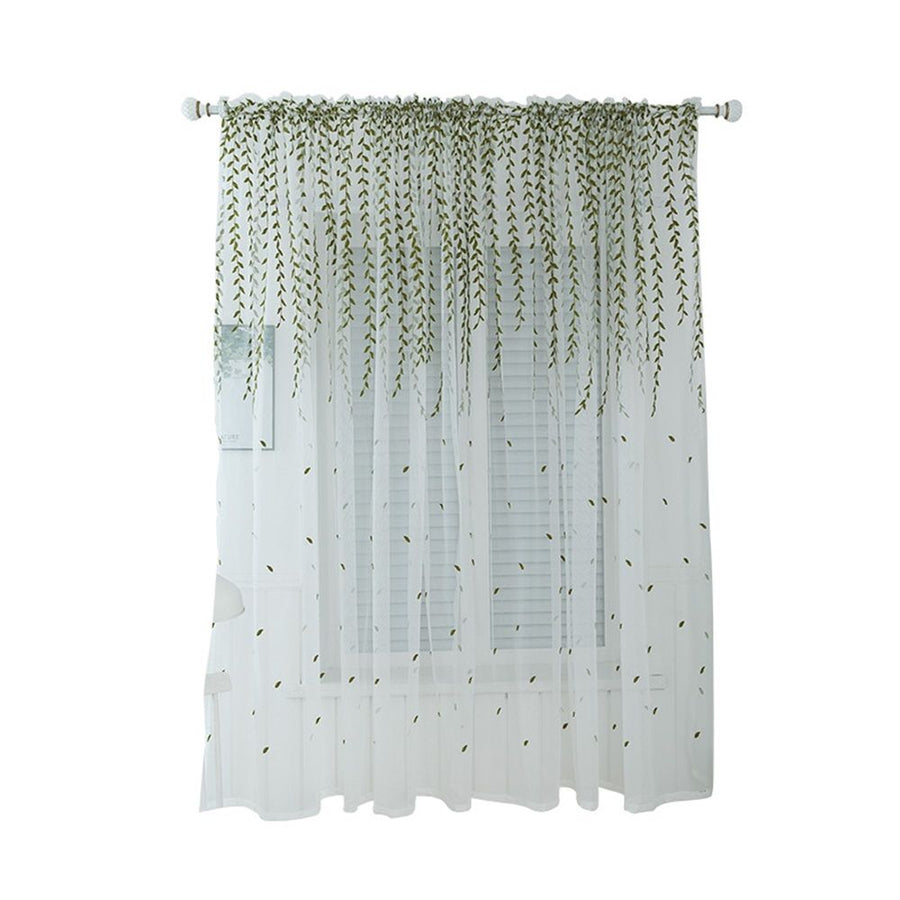 2 pack Embroidered Leaf Sheer Bedroom Curtains 98 inches Long, Olive Green Vine Pattern Voile Drapes Window Curtain Panels for Living Room（Only curtains）
