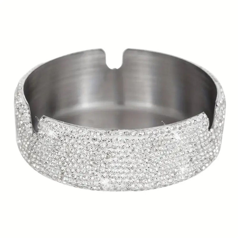 Ashtray,Stainless Steel Ashtray with Lid Bling Crystal Diamonds,Cigarette Ashtray for Indoor or Outdoor Use,Ash Holder for Smokers,Desktop Smoking Ash Tray for Home Office,Circular - Silver