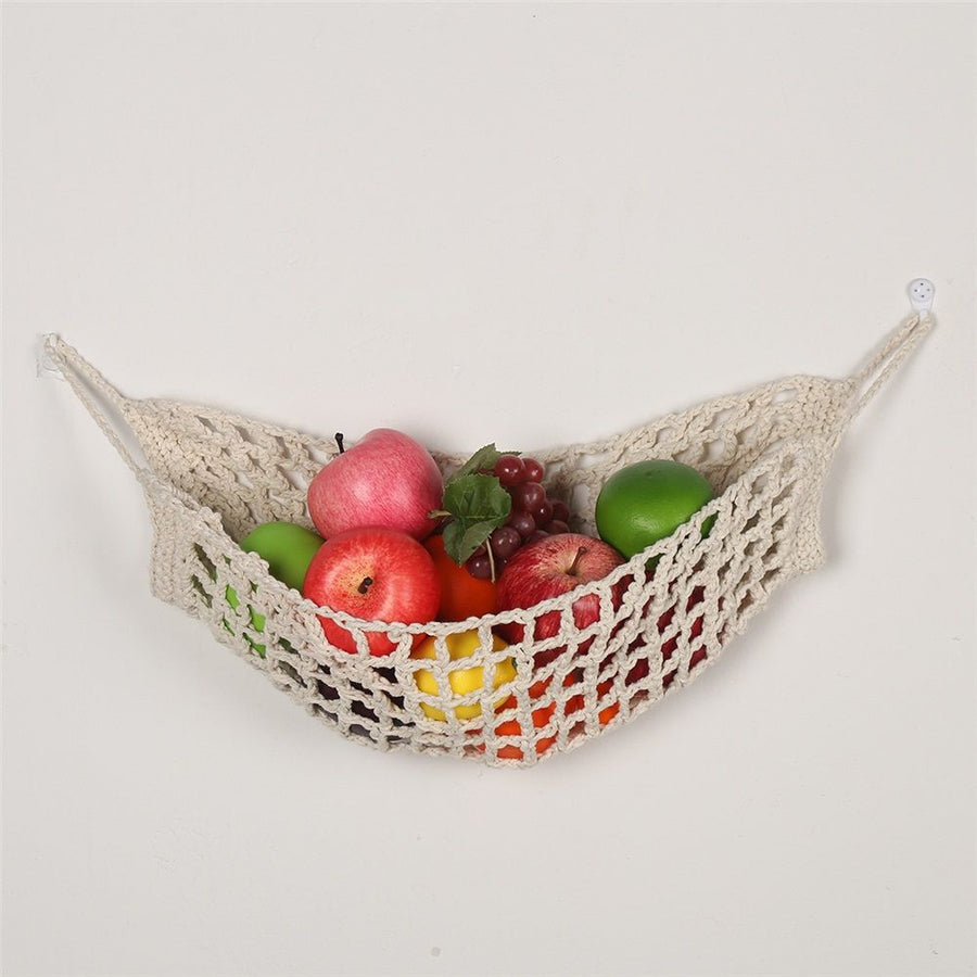 Fruit Hammock for Kitchen Under Cabinet Fruit Basket Hanging Handwoven Cotton Macrame Basket Boho Decor Storage Save Counter Space for Home Camper RV (white,Only storage mesh bag)