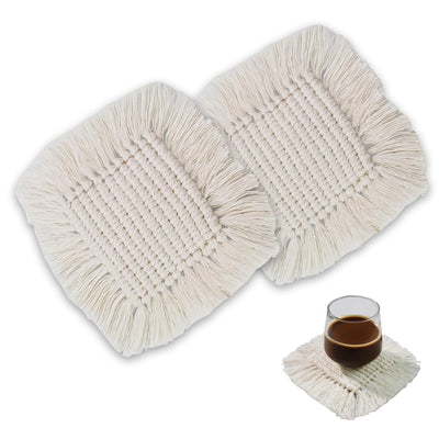 2pcs Handmade Cotton Woven Crochet Placemat with Tassels,  Small Place Mat for Bohemian Wedding Décor, Boho Table Mat for Farmhouse, Rustic Décor for Dining Table,  square
