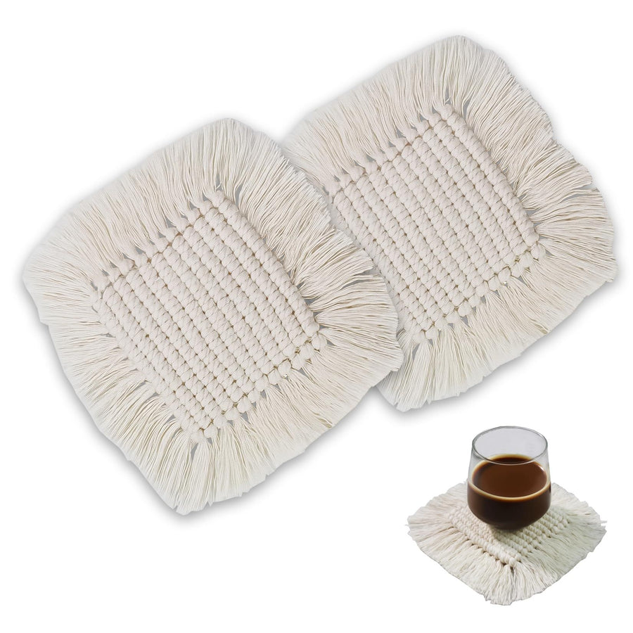 2pcs Handmade Cotton Woven Crochet Placemat with Tassels,  Small Place Mat for Bohemian Wedding Décor, Boho Table Mat for Farmhouse, Rustic Décor for Dining Table,  square