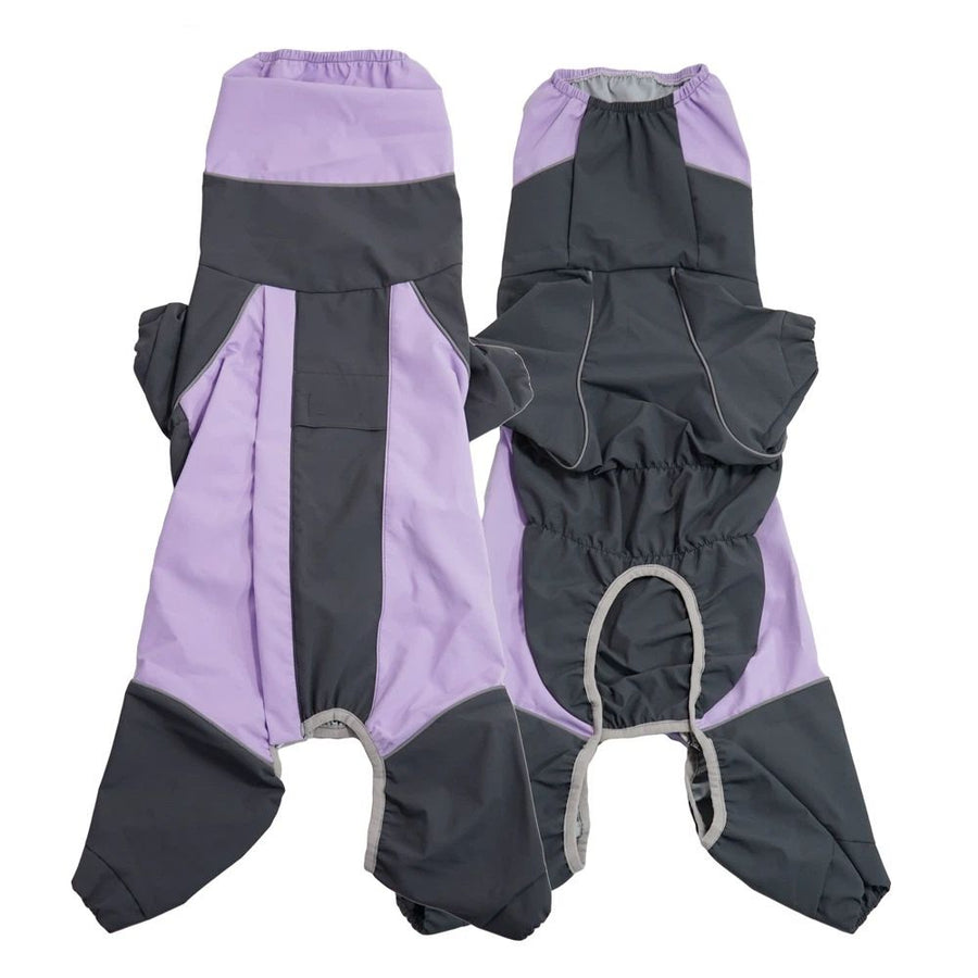 Belly dog raincoat corgi raincoat four foot waterproof full pack pet raincoat medium dog color matching easy to wear (purple L)