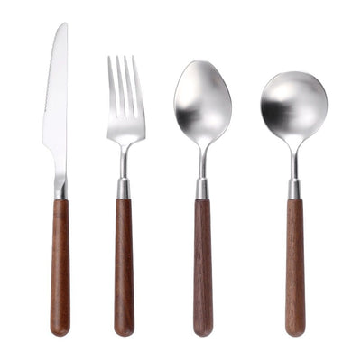 Spoon and Forks Silverware Set With Walnut Wood Handle, Flatware (304) Stainless Steel Cutlery Dinner Fork Spoon Knife Set, 1-Pack