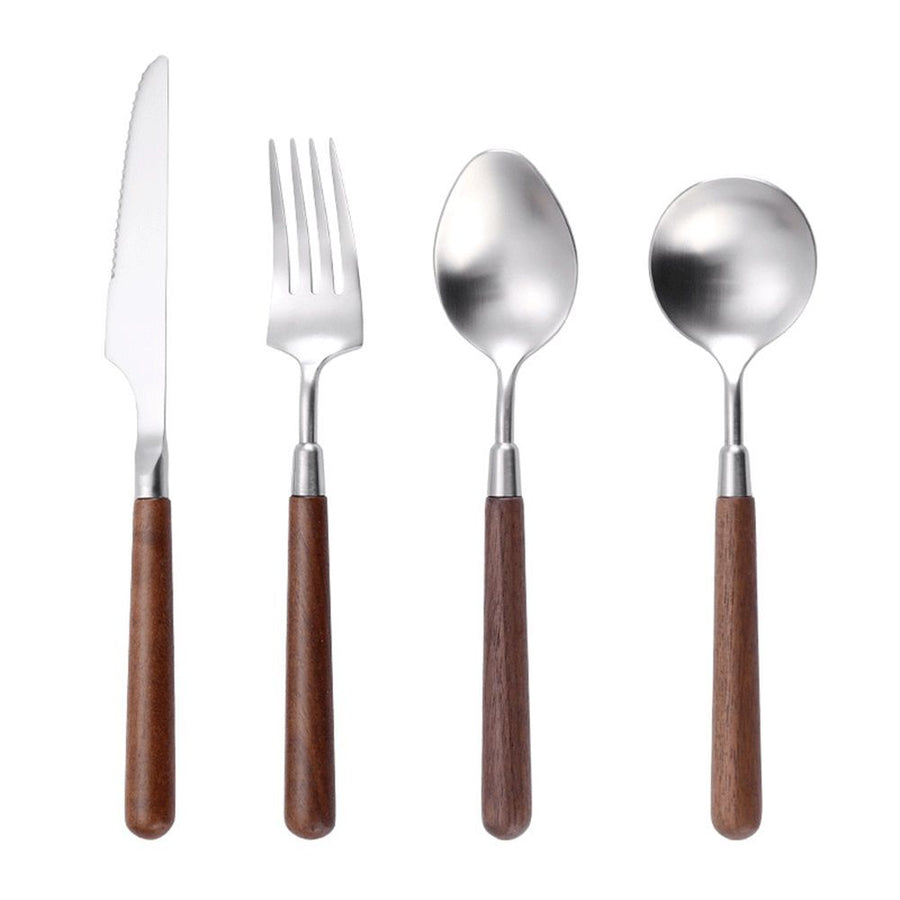 Spoon and Forks Silverware Set With Walnut Wood Handle, Flatware (304) Stainless Steel Cutlery Dinner Fork Spoon Knife Set, 1-Pack
