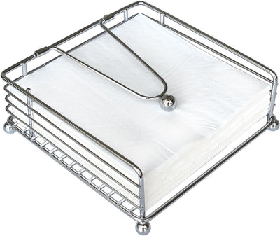 Napkin Holder for Table, Flat Napkin Dispenser with Weighted Arm, Square Cocktail Paper Holder of Elegant Rustic Iron for Kitchen Dining Room Decor Restaurant Farmhouse Hotel Party, Silver 18*18*7cm