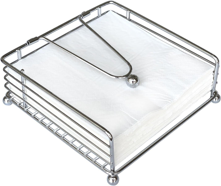 Napkin Holder for Table, Flat Napkin Dispenser with Weighted Arm, Square Cocktail Paper Holder of Elegant Rustic Iron for Kitchen Dining Room Decor Restaurant Farmhouse Hotel Party, Silver 18*18*7cm