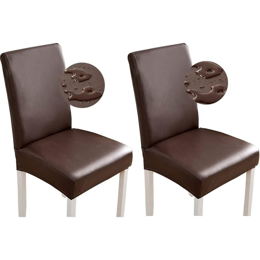 Stretch Dining Chair Covers Waterproof PU Leather Chair Slipcovers Chair Protector Cover Universal Chair Covers for Dining Room Kitchen Hotel (Set of 2, Coffee)