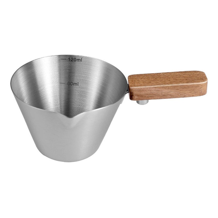 Espresso Measuring Cup with Wood Handle, Stainless Steel Espresso Pouring Cup for Home & Cafe Use,  120mL(original color)