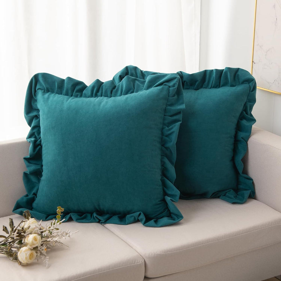 18x18 Luxury Pillow Covers, Set of 2 Decorative Velvet Ruffle Cushion Pillow Covers for Sofa Couch（turquoise green）