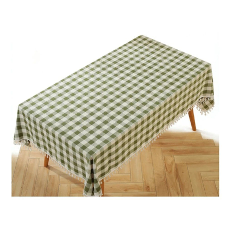 Spring checkered rectangular tablecloth, Easter outdoor linen cotton brocade cotton fringe tablecloth, heavy-duty wrinkle free tablecloth for picnics and camping-140*140cm Grid green