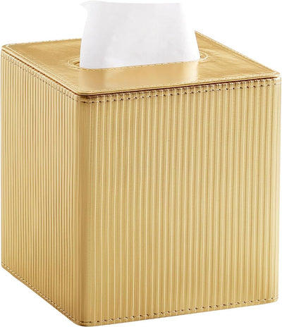 PU Leather Tissue Box Cover Square, Cube Tissue Box Holder with Magnetic Closure, Decorative Tissue Holder for Bathroom Bedroom Office (Gold, Square)