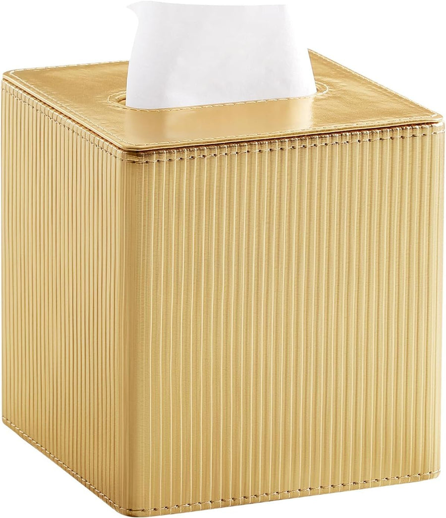 PU Leather Tissue Box Cover Square, Cube Tissue Box Holder with Magnetic Closure, Decorative Tissue Holder for Bathroom Bedroom Office (Gold, Square)