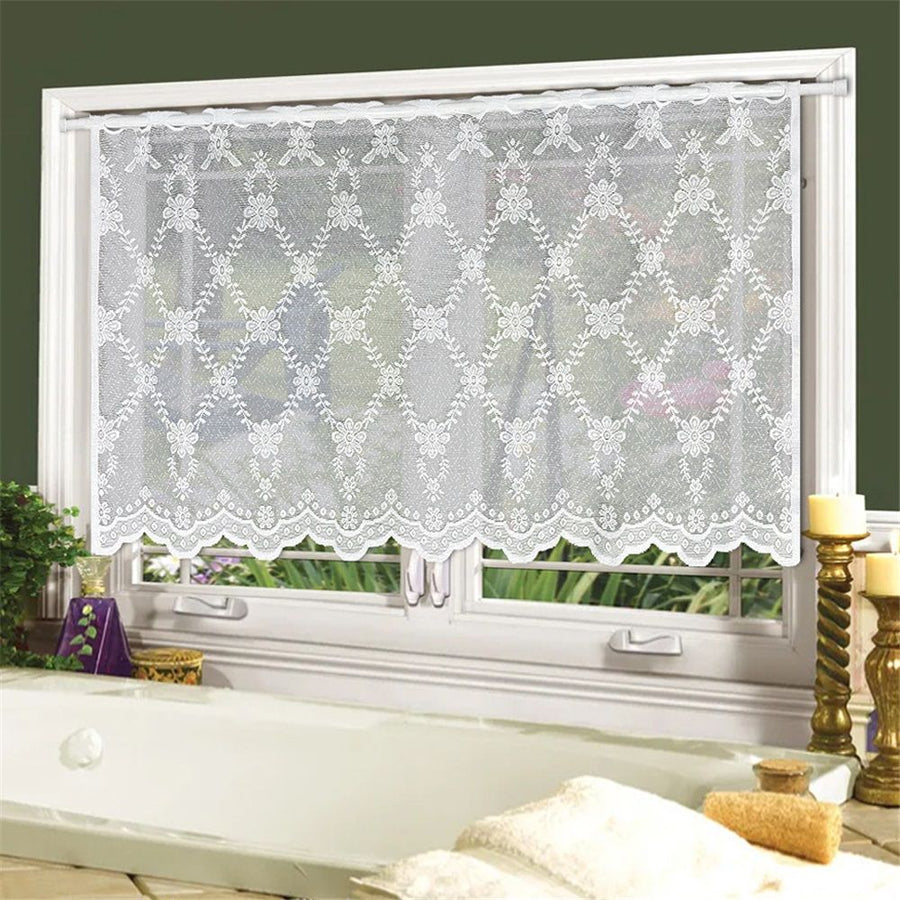 Small fresh white flower short curtain kitchen living room lace polyester mesh semi curtain non perforated curtain decoration (White 60X140cm)