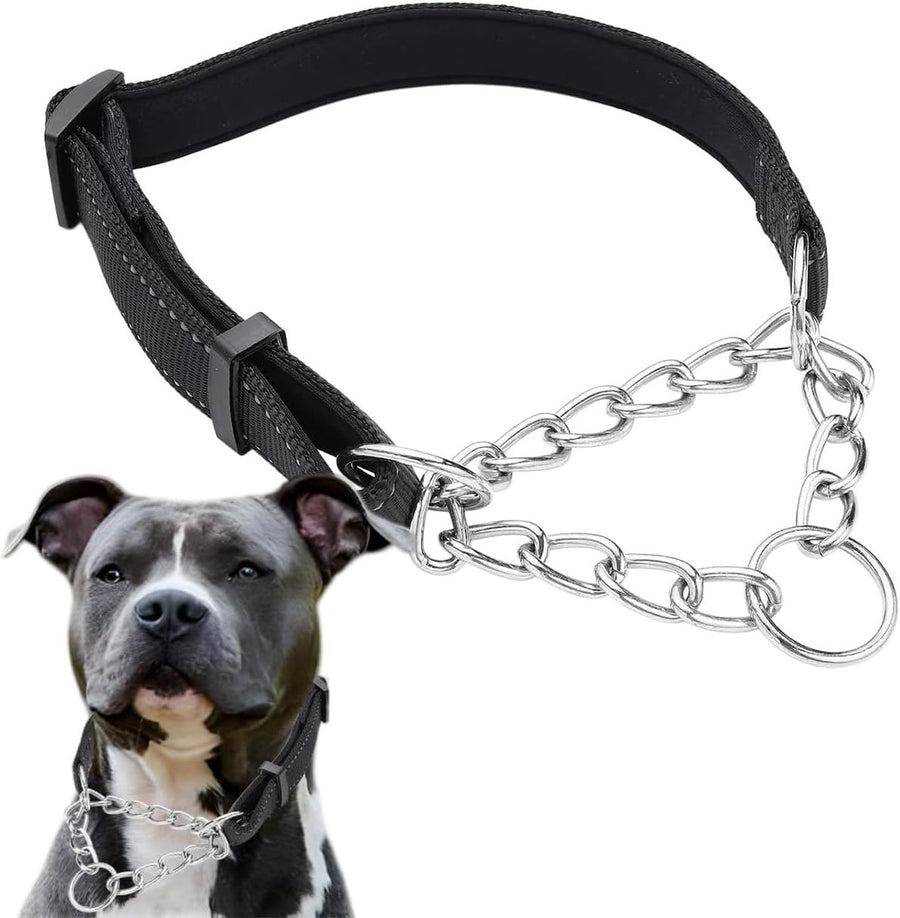 Dog Collars Adjustable Soft Nylon Reflective Collars with Stainless Steel Chain Walking Training Collars Heavy-Duty Puppy Chain Collars for Small,Medium,Large Dogs(Black,L)